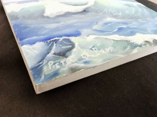 Oil Painting On Wood Block -  Waves - 16 x16 x1 cm