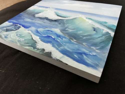 Oil Painting On Wood Block -  Waves - 16 x16 x1 cm