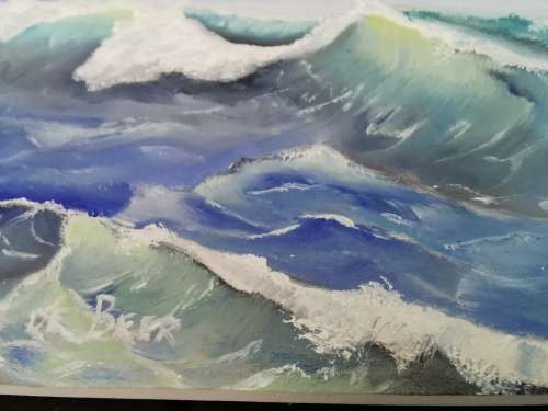 Oil Painting On Wood Block -  Waves - 16 x16 x1 cm