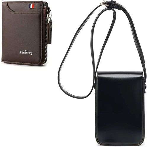 Wallets for Men & Women and Minimalist Sling Bag Unisex Crossbody Bag - Black Sling Bag + Brown