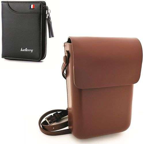 Wallets for Men & Women and Minimalist Sling Bag Unisex Crossbody Bag - Brown Sling Bag + Black