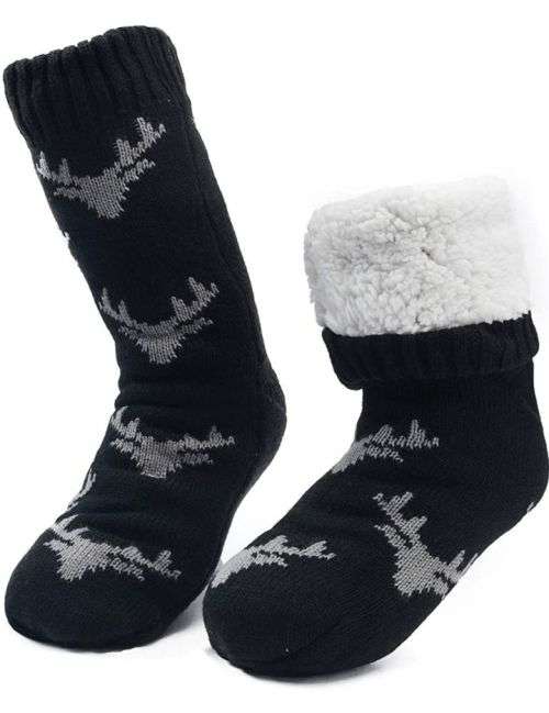 Men Winter Thermal Fleece Lining Knit Non Slip Socks Black Printed
