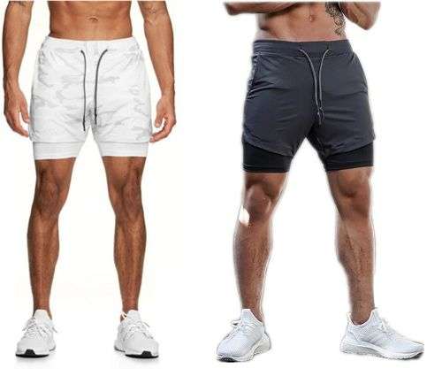 APEY Shorts For Men 2 In 1 Sports Gym Shorts With Phone Pocket& Underlayer - White Camo + Grey - XL