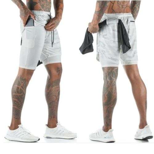 APEY Shorts For Men 2 In 1 Sports Gym Shorts With Phone Pocket& Underlayer - White Camo + Grey - XL