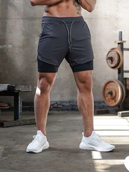 APEY Shorts For Men 2 In 1 Sports Gym Shorts With Phone Pocket& Underlayer - White Camo + Grey - XL