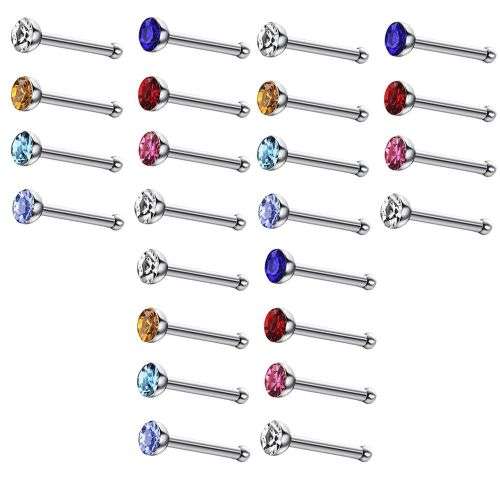 Nose Studs With Rhinestone - Nose Rings Nose Piercing Pin Body Jewelry - 24 Piece - Mixed Colour