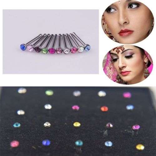 Nose Studs With Rhinestone - Nose Rings Nose Piercing Pin Body Jewelry - 24 Piece - Mixed Colour