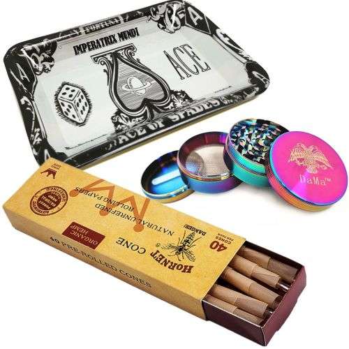 DaMa Weed Grinder Crusher- 50mm Solid Lid + 40 Pre-Rolled Cones + Tray - ACE Tray
