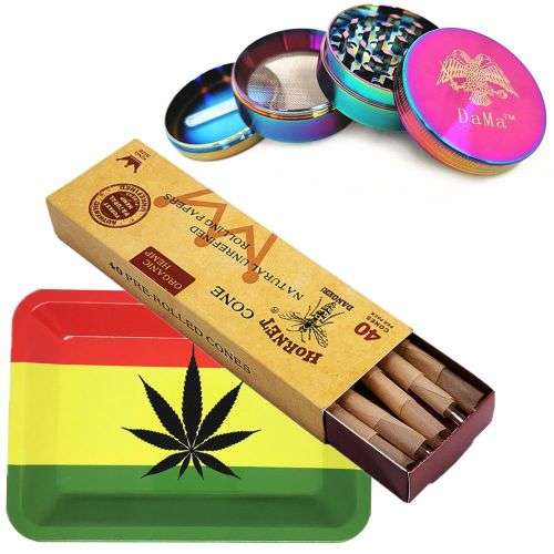 DaMa Weed Grinder Crusher- 50mm Solid Lid + 40 Pre-Rolled Cones + Tray - Rasta Tray