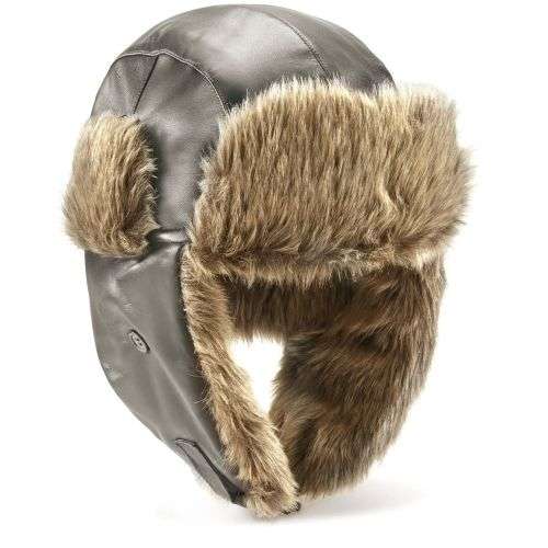 Leather Winter Hat Trapper Hat Pilot Ushanka Ski Hat + Goggles - Grey