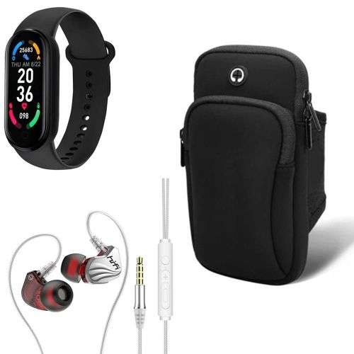 HIFI Earphone 6D Surround Bass S2000+ M6 Smart Band + Arm Bag For Cellphone - White