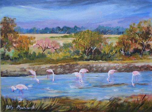 Crazy Special...!!! Acrylic Painting by Patty Mynhardt "Flamingo Pond"