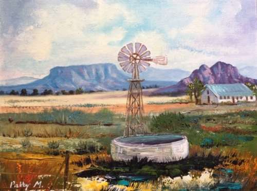 Original Painting by S.A. Artist Patty Mynhardt - "Windmill"