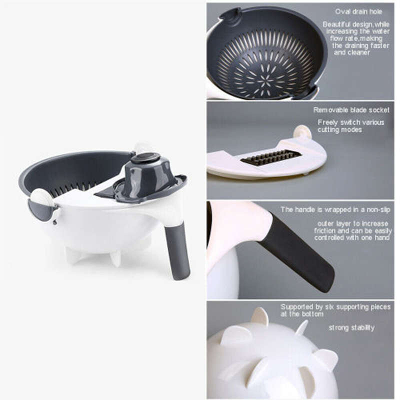 Convenient 9 In 1 Multifunctional Magic Rotating Vegetable And Fruit Cutter Grater With Cleaning Bas