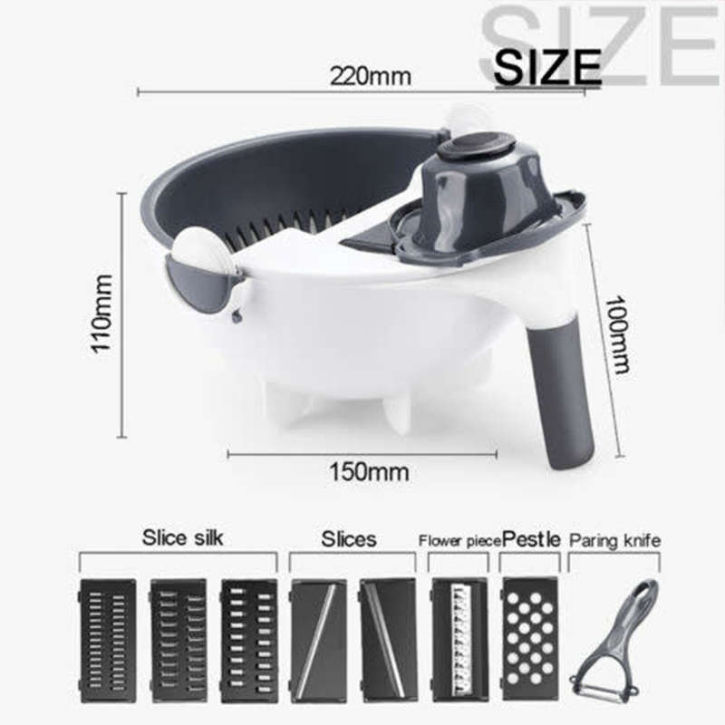 Convenient 9 In 1 Multifunctional Magic Rotating Vegetable And Fruit Cutter Grater With Cleaning Bas