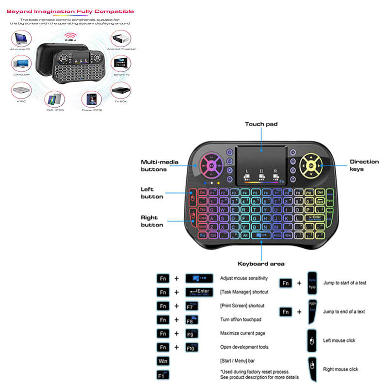 Convenient Mini 2.4G Backlit Wireless Bluetooth Keyboard Touchpad For Computer Tv Box