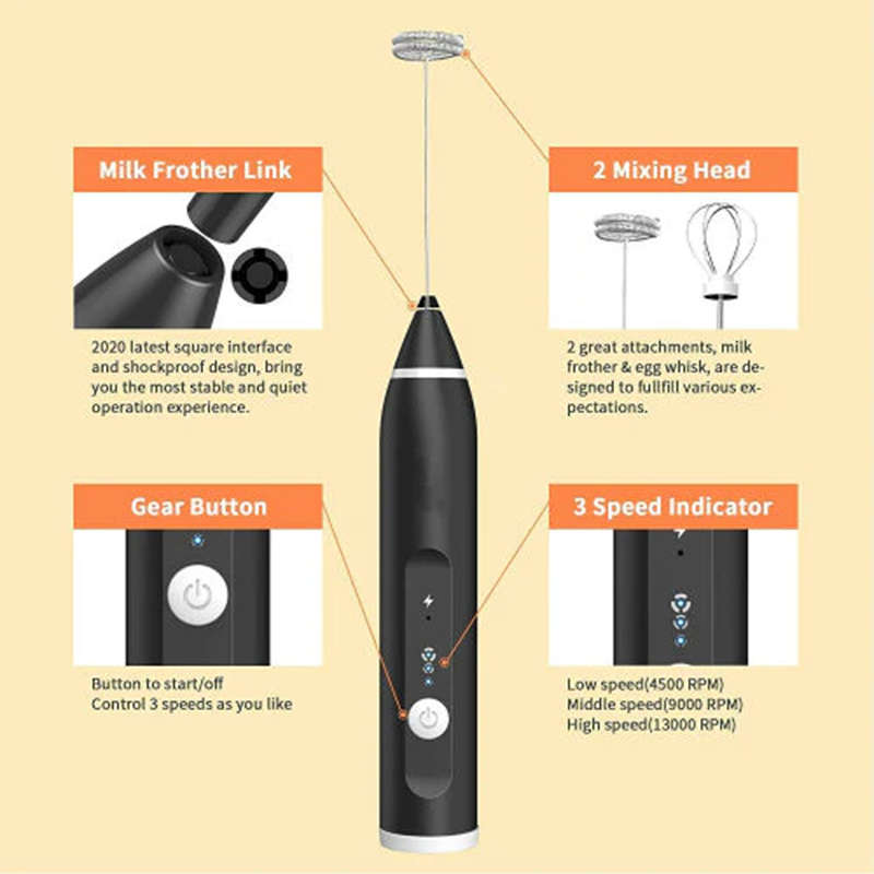 Essential Home Electric Blender Milk Frother Handheld Usb Rechargeable Beverage Frother 3 Speed