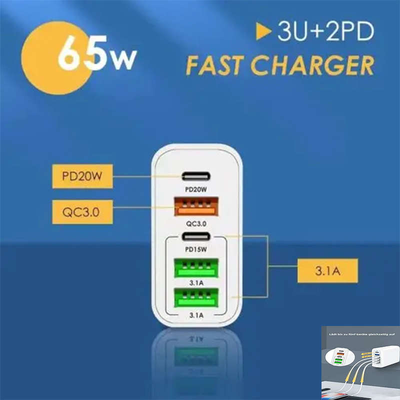 Multifunctional 65W Usb C Charger, 5-Port Mobile Phone Charger, Compatible With Gan Technology Fast