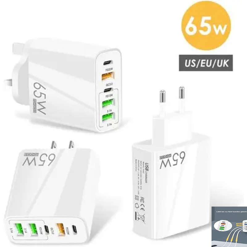 Multifunctional 65W Usb C Charger, 5-Port Mobile Phone Charger, Compatible With Gan Technology Fast