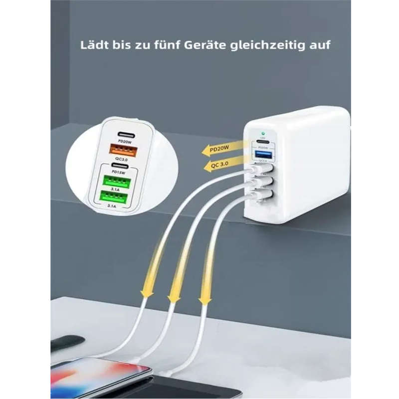 Multifunctional 65W Usb C Charger, 5-Port Mobile Phone Charger, Compatible With Gan Technology Fast
