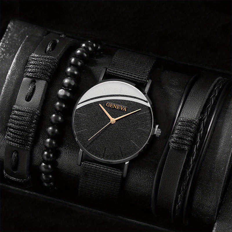 1 Piece Casual Business Men`s Quartz Watch And 3 Pieces Bracelets