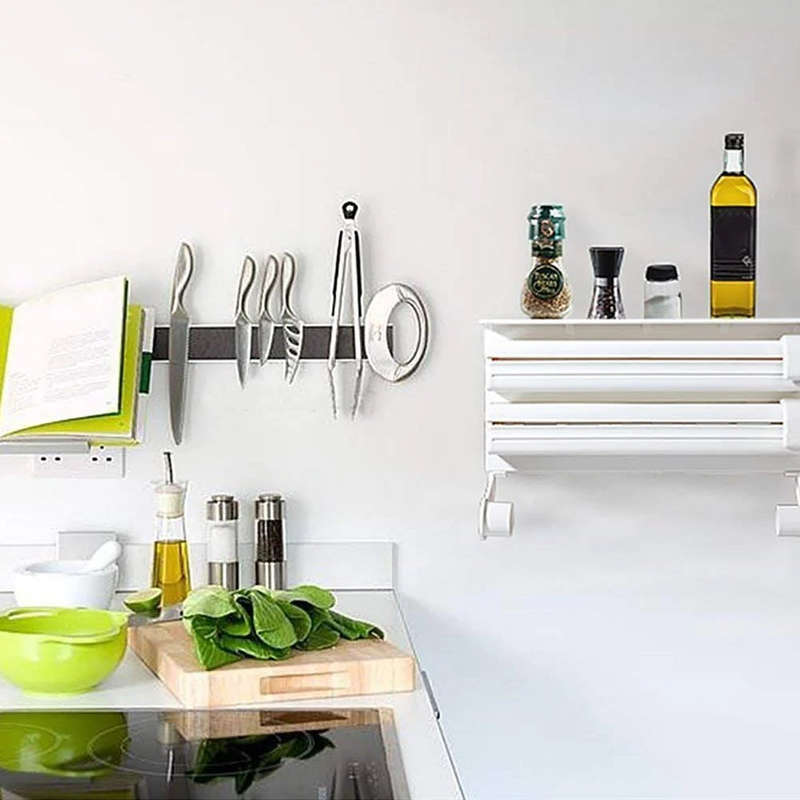 3-In-1 Foil Plastic Wrap Tissue Paper Roll Holder With Spice Rack For Kitchen - White | Triple Paper