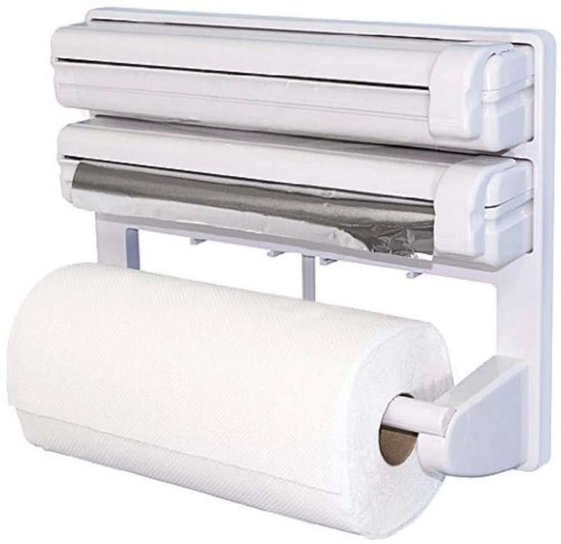 3-In-1 Foil Plastic Wrap Tissue Paper Roll Holder With Spice Rack For Kitchen - White | Triple Paper