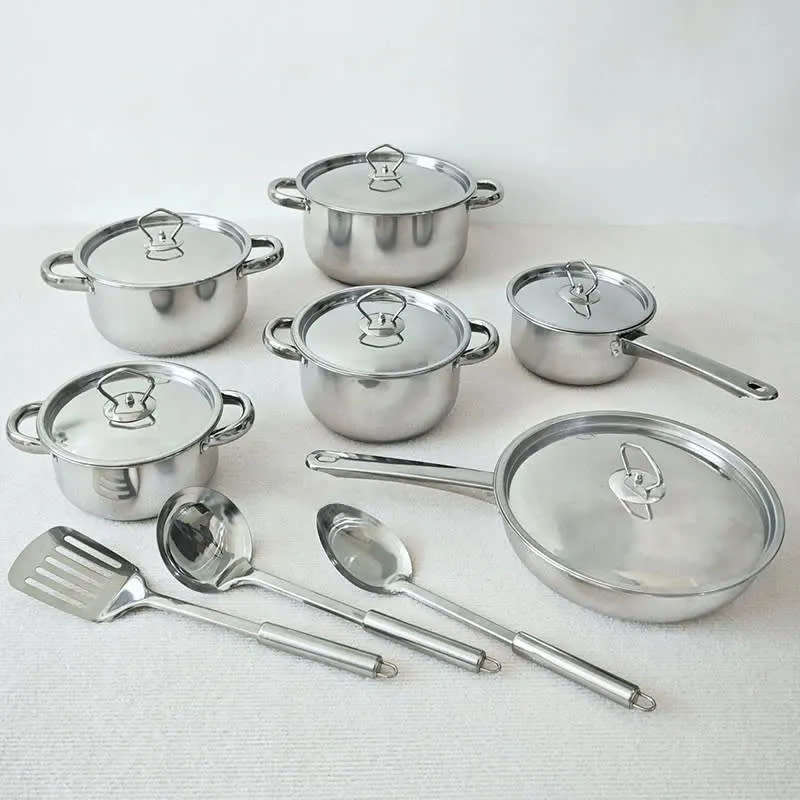 Stylish And Sophisticated 15 Piece Cookware Set Stainless Steel Cooking Pot Set With Kitchen Utensil