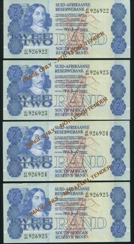 TWO RAND T W DE JONGH UNC BANKNOTES IN SERIES X 4 NOTES - 1978 4TH ISSUE