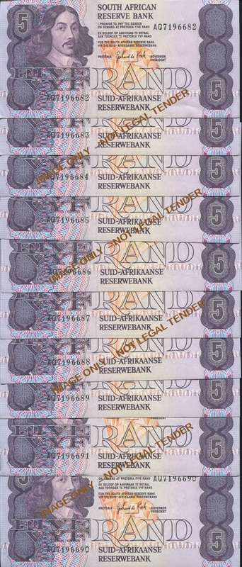 FIVE RAND unc G DE KOCK BANKNOTES IN SERIES X 10 - 3RD ISSUE 1989