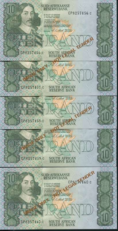 TEN RAND AUNC STALS BANKNOTES IN SERIES X 5 1ST SSUE 1990
