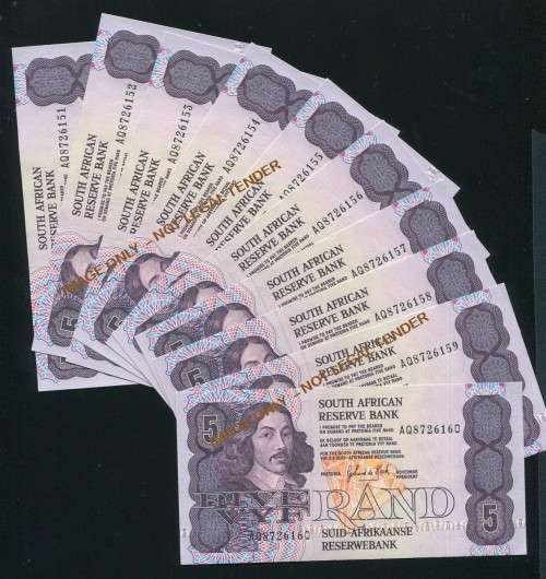 FIVE RAND unc G DE KOCK BANKNOTES IN SERIES X 10 - 3RD ISSUE 1989