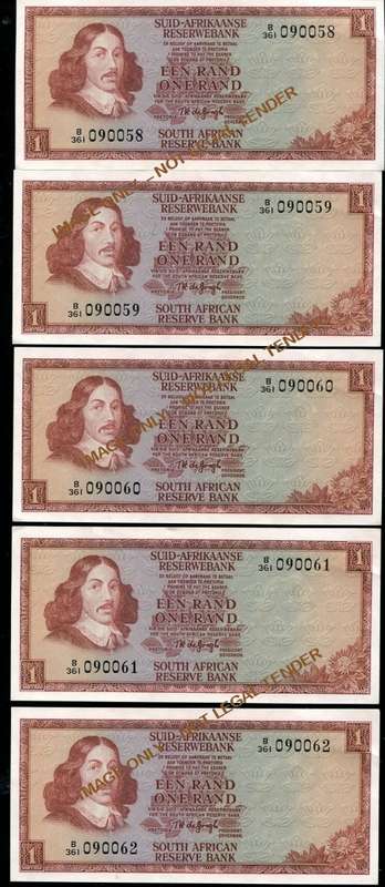 ONE RAND TW DE JONGH UNC BANK NOTES IN SERIES X 5 - 3RD  ISSUE 1975