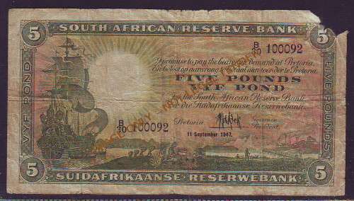 FIVE POUND DE KOCK BANKNOTE - 11 SEPTEMBER 1947