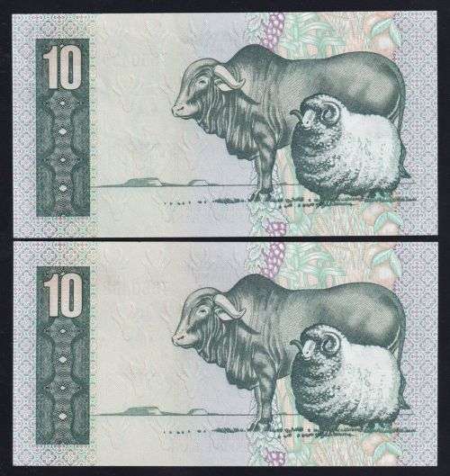 TEN RAND TW DE JONGH REPLACEMENT UNC  BANKNOTES X 2 IN SERIES  - 4TH ISSUE 1978