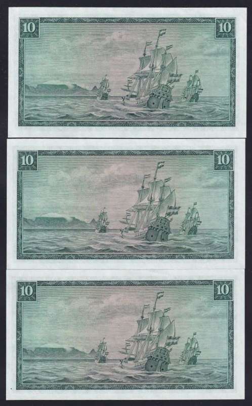 TEN RAND TW DE JONGH  UNC  BANKNOTES X 3 IN SERIES  - 3rd ISSUE 1975
