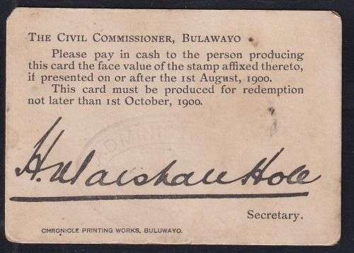 MARSHALL HOLE 3d CURRENCY CARD - BOER WAR  - SCARCE