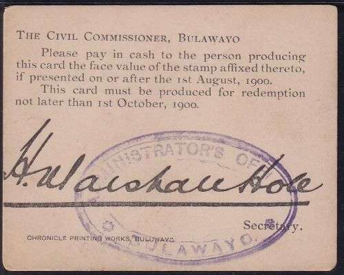 MARSHALL HOLE 2/-  CURRENCY CARD - BOER WAR  - SCARCE