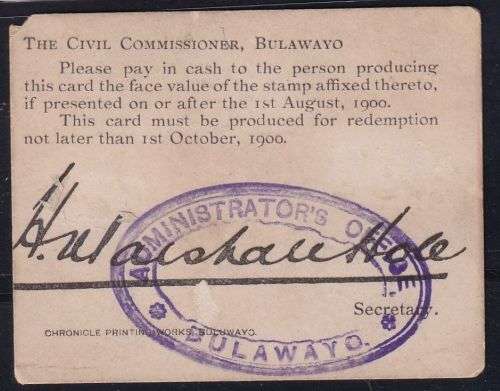 MARSHALL HOLE 10/-   CURRENCY CARD - BOER WAR - SCARCE!