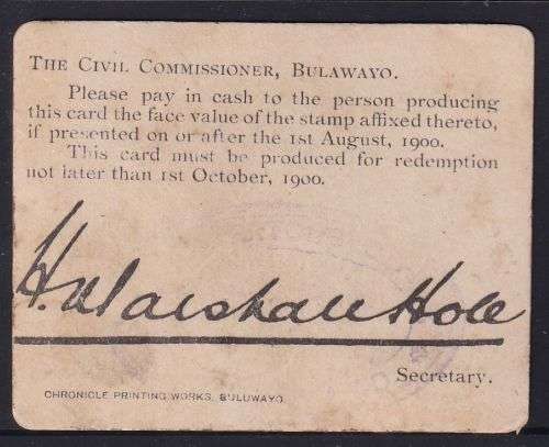 MARSHALL HOLE 10/-  CURRENCY CARD - BOER WAR - SCARCE!