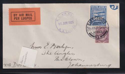 SA 1925  AIRMAIL FLIGHT  COVER - EL  - JHB - PARTIAL NUMERAL & KINGSHEAD  COIL