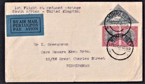 SA 1931 1st FLIGHT REDUCED POSTAGE - TRIANGLE KIMBERLEY- UK