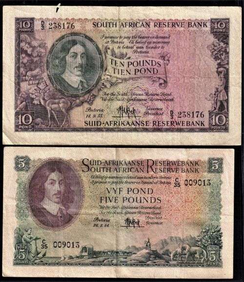 UNION M H DE KOCK BANKNOTE COLLECTION X 2 NOTES -TEN POUNDS(1955) & FIVE POUNDS(1954)
