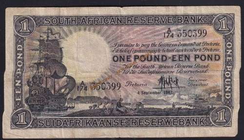 UNION ONE POUND BANKNOTE 1st ISSUE - M H DE KOCK 1947