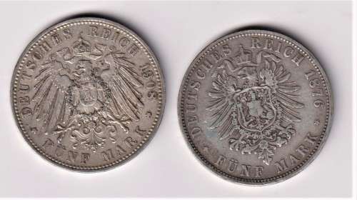 GERMAN STATES 5 MARK SILVER COINS - 1876 & 1908