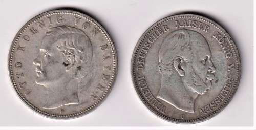 GERMAN STATES 5 MARK SILVER COINS - 1876 & 1908
