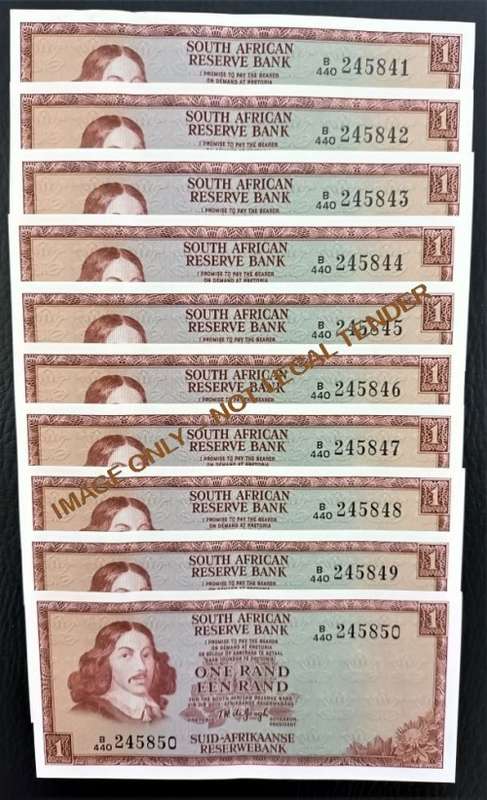 RSA ONE RAND BANKNOTES 3rd ISSUE - TW DE JONGH 1975 - 10 in series