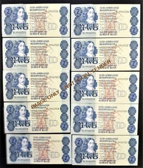 TWO RAND GPC DE KOCK  BANKNOTES X 10 - in series