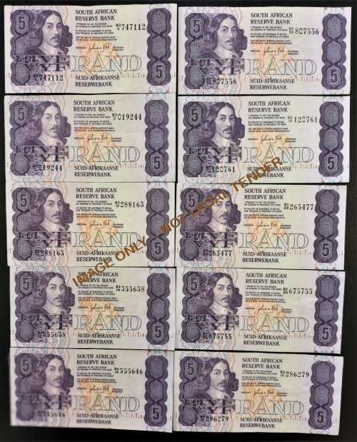 FIVE RAND GPC DE KOCK  BANKNOTES X 10