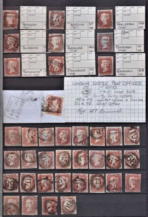 GB 1841 1d  RED FANTASTIC COLLECTION OF POSTMARKS IN STOCKBOOK- HIGH CAT VALUE!
